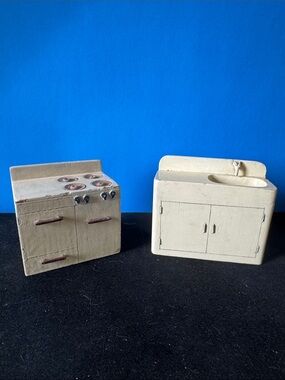 Vintage Miniature wooden Toy Kitchen Stove and Sink Set in Cream